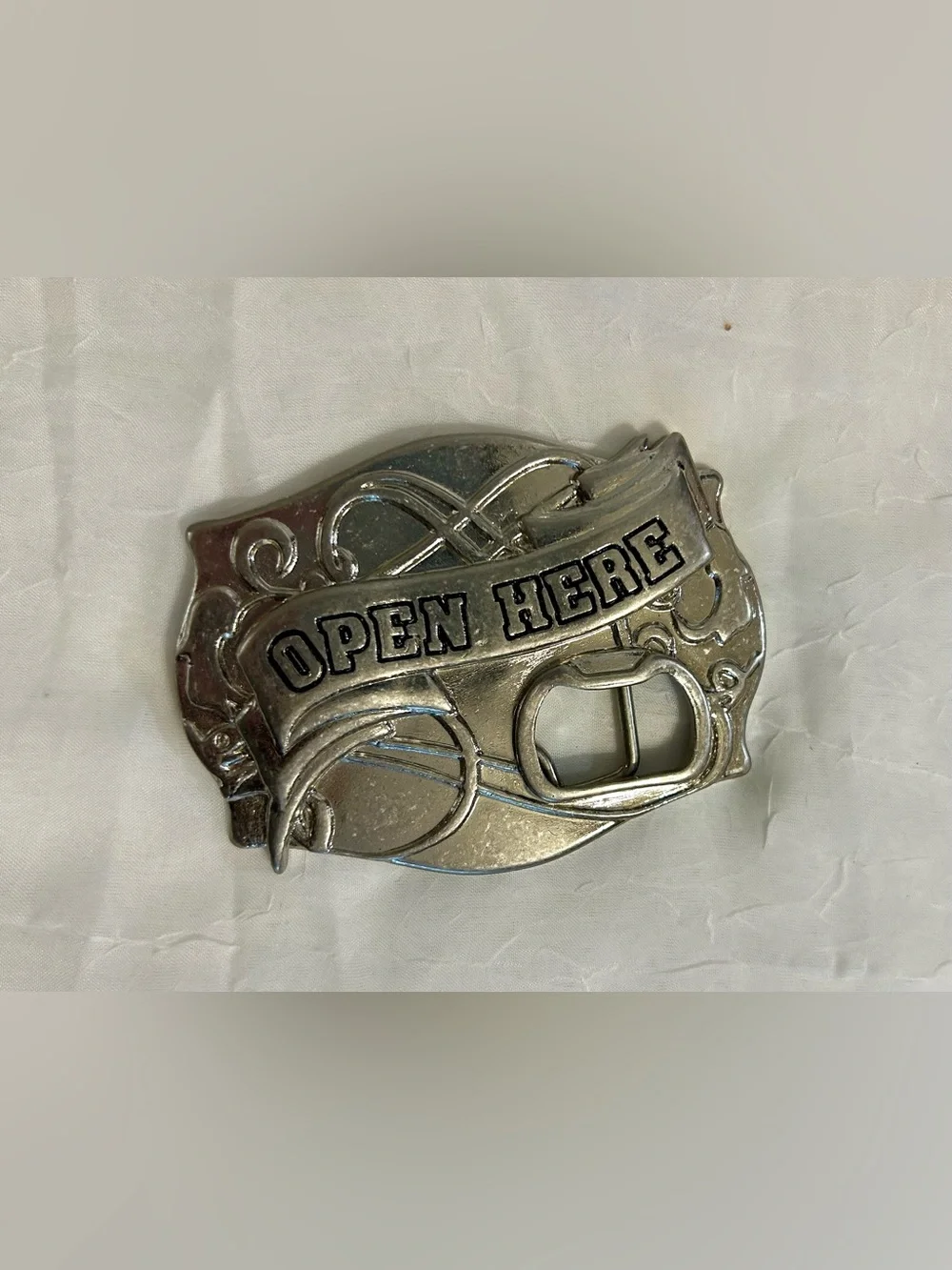 Silver 'Open Here' Belt Buckle Bottle Opener